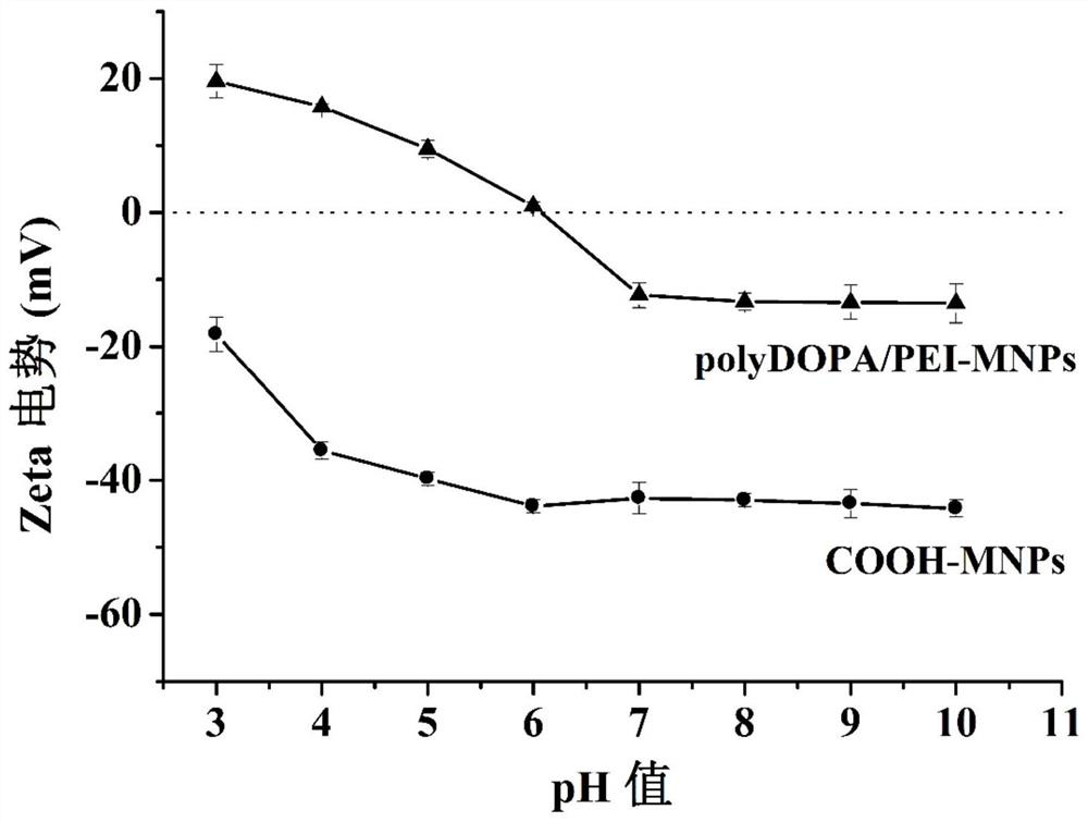 Magnetic particle modified by polydopa/polyethyleneimine copolymer and its preparation method and application
