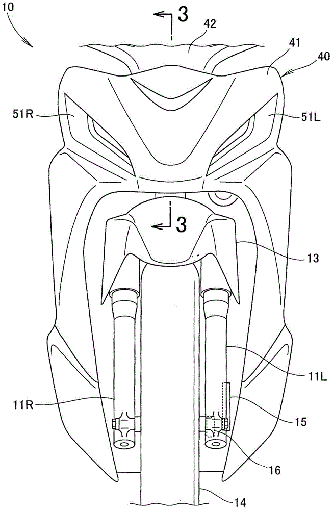 Structure for front part of saddled vehicle