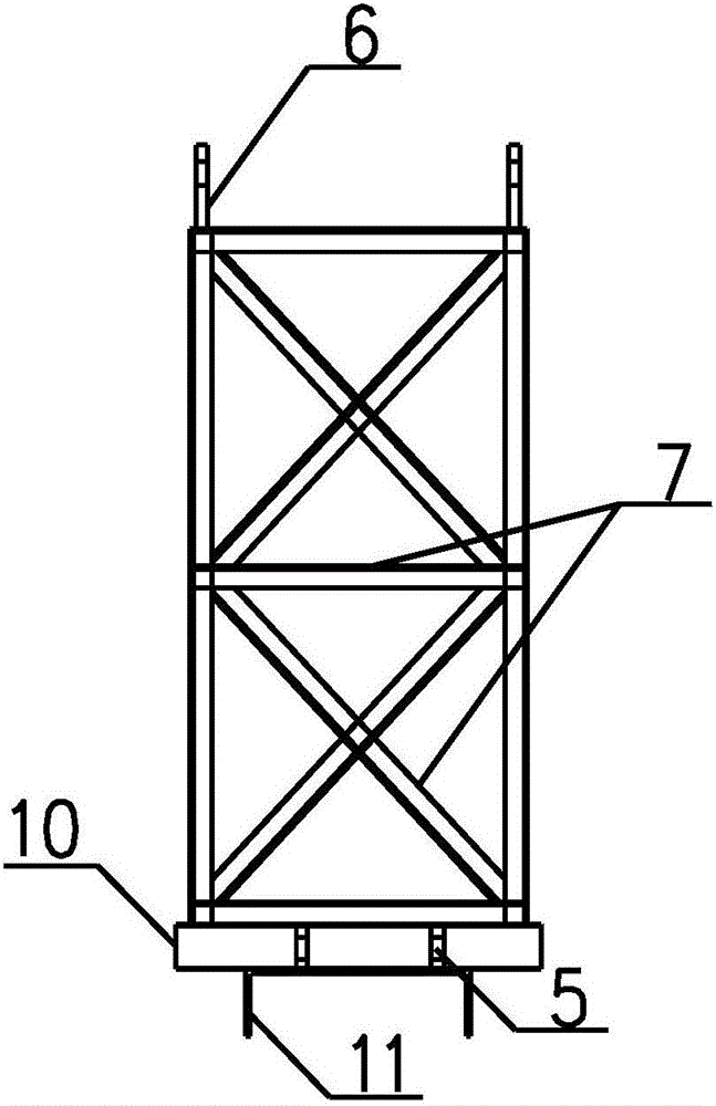 Fabricated prestressing device and method for high pier scaffoldings