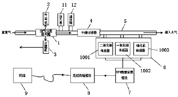 Gas monitoring device and method for carbon dioxide flooding gas channeling
