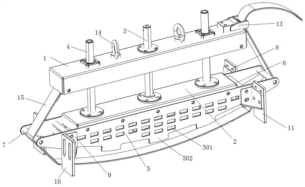 Wind power blade pultrusion plate shape follow-up tensioning device