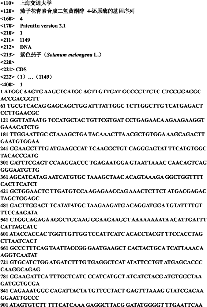 Gene sequence of flavanonol 4-reductase synthesized by anthocyanins of eggplant
