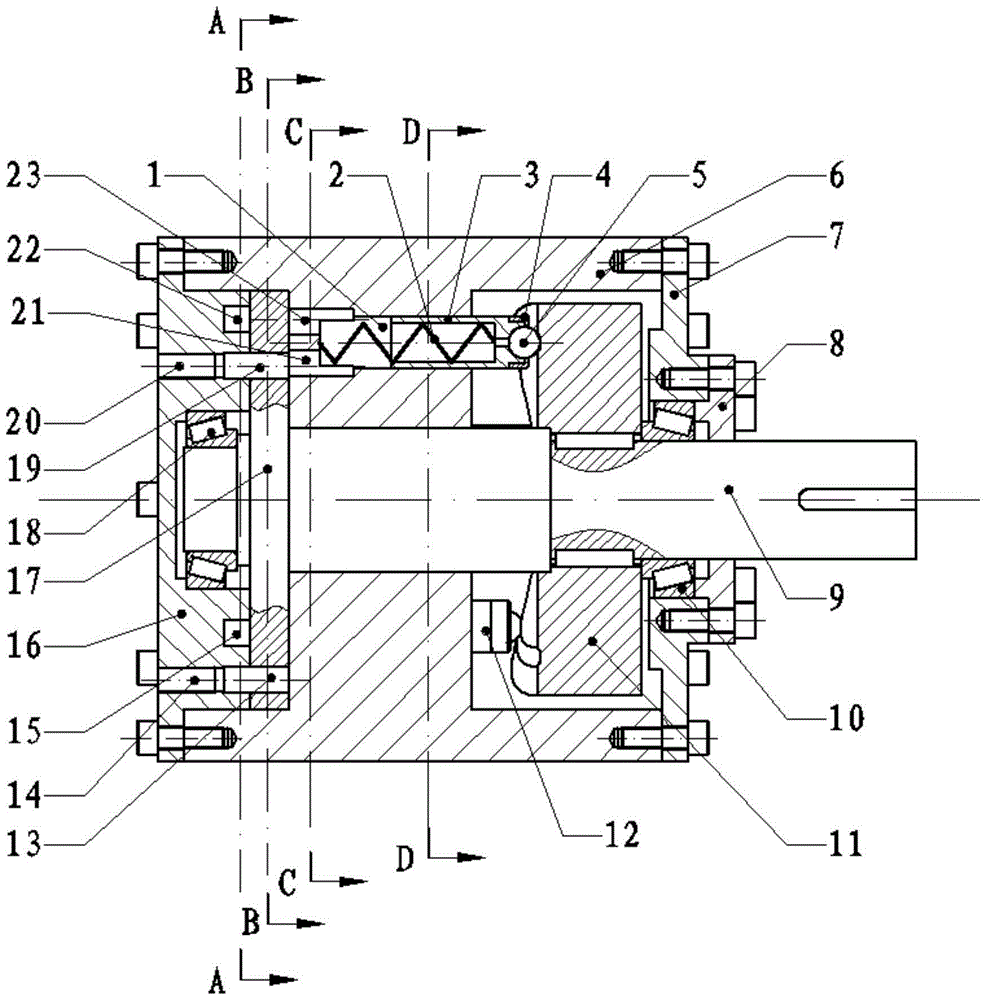 A cam-driven axial piston pump with a rotating window for oil distribution