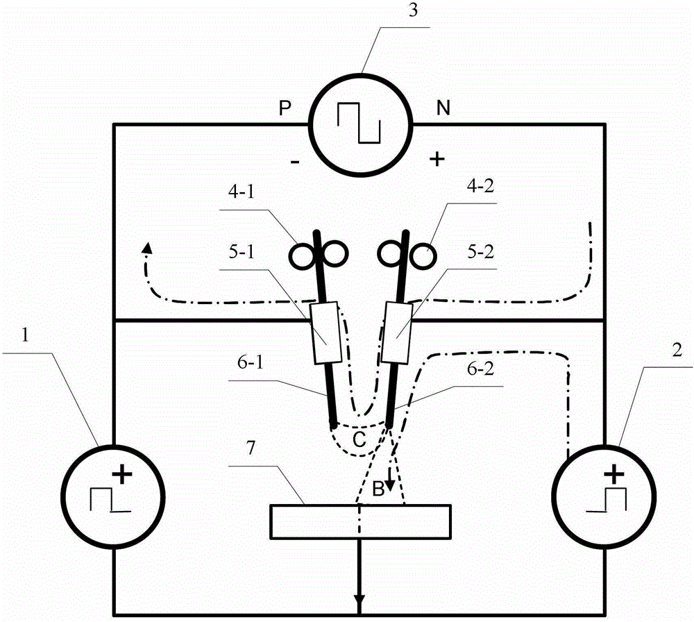 Multi-state double-wire electrical arc welding device and welding method