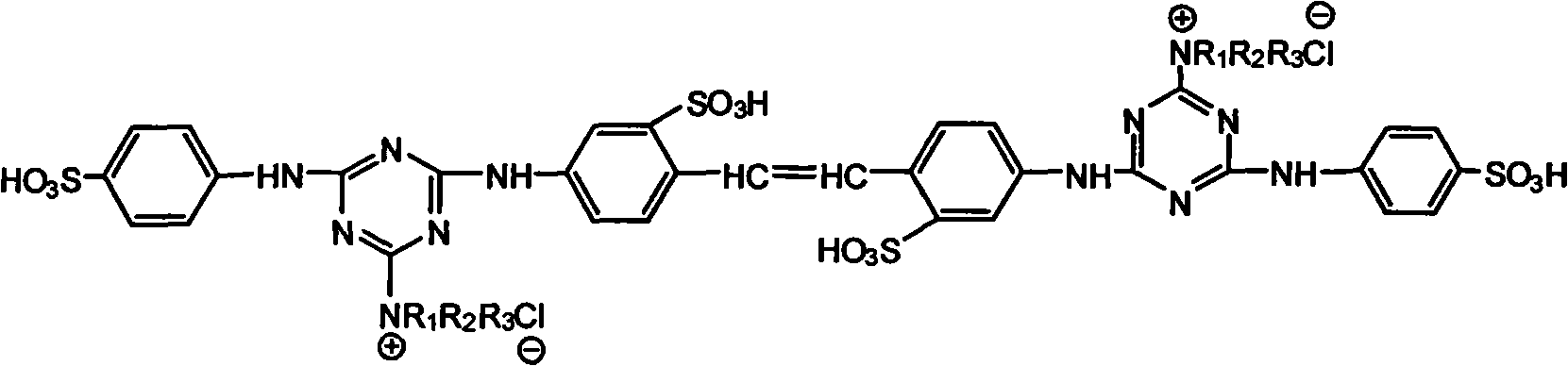 Amphiprotic triazine-DSD acid fluorescent whitener of tetra-sulfonic acid, synthesizing method thereof and applications