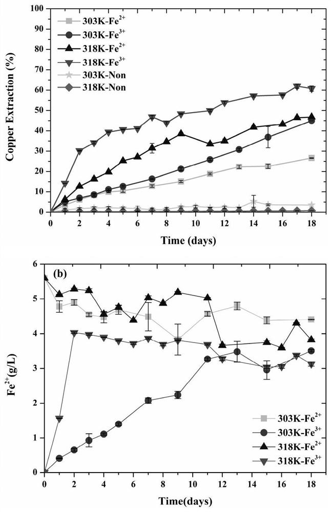 Method for strengthening copper blue bioleaching by comprehensively utilizing ferric ions and ferrous ions