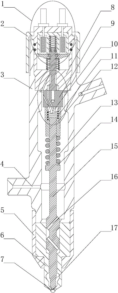 Two-way oil inlet long-needle-valve hole-plate type electronic control fuel injector without static leakage