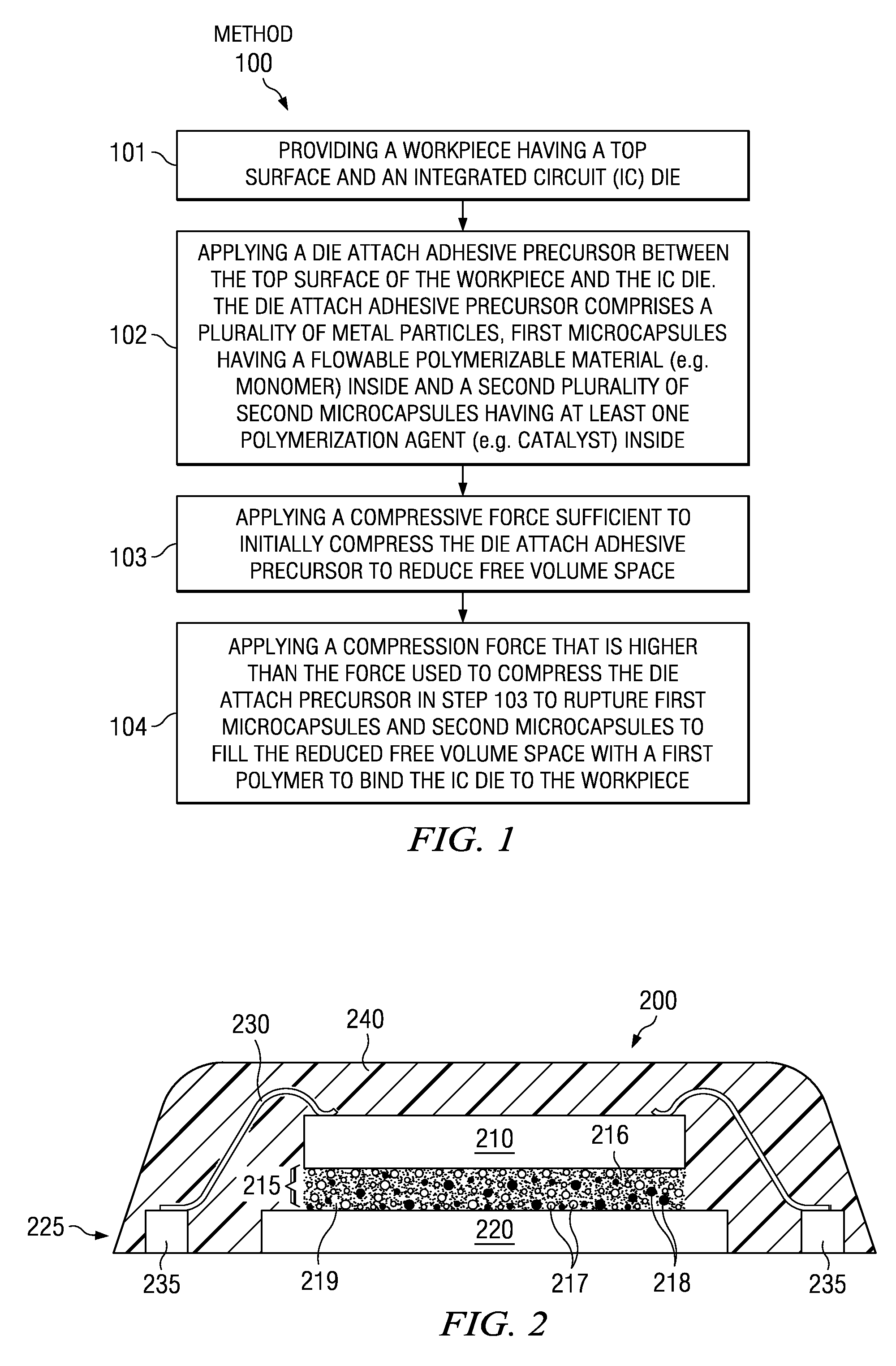 Packaged electronic device having metal comprising self-healing die attach material