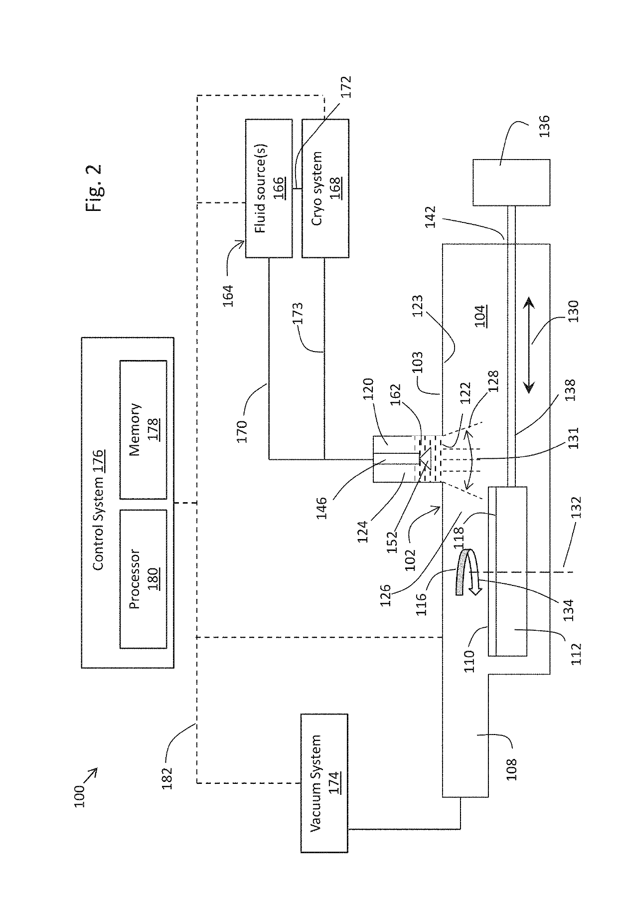 Microelectronic treatment system having treatment spray with controllable beam size