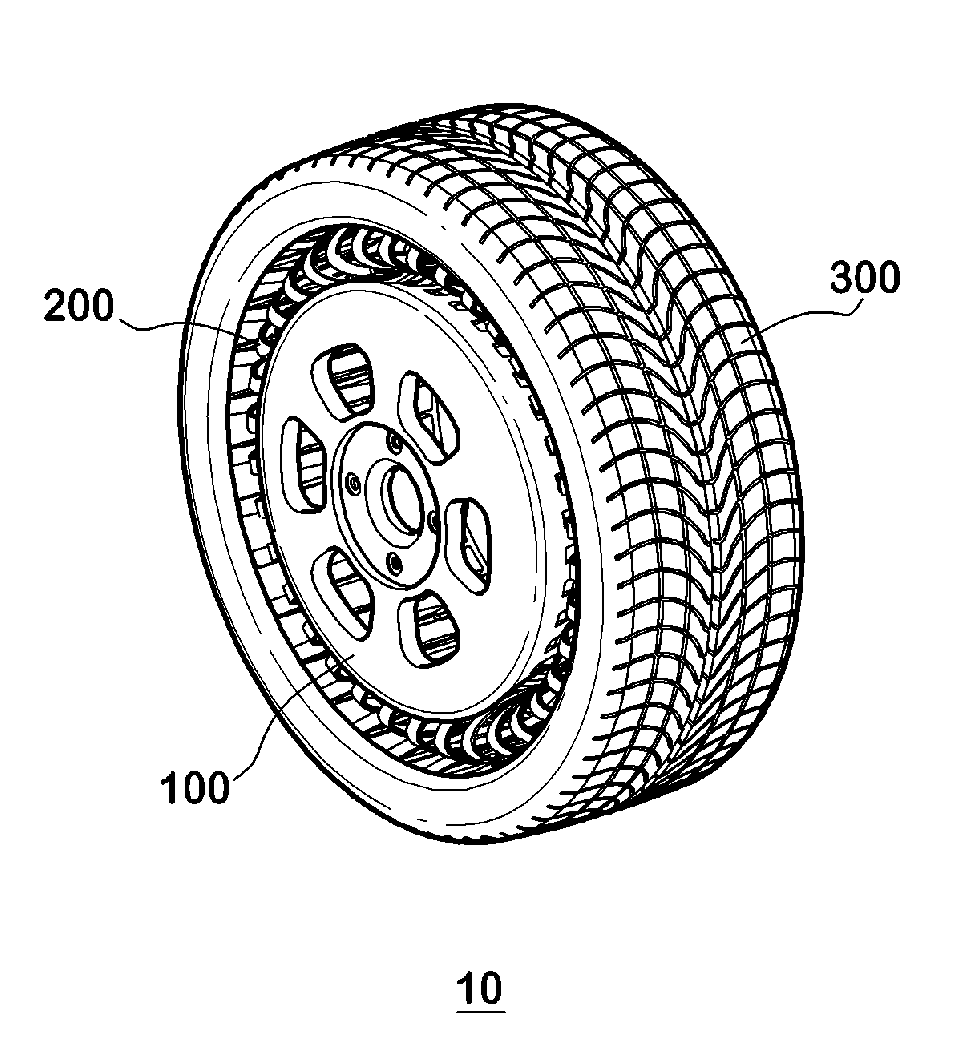 Non-pneumatic wheel and wheel, suspension and tire used therein
