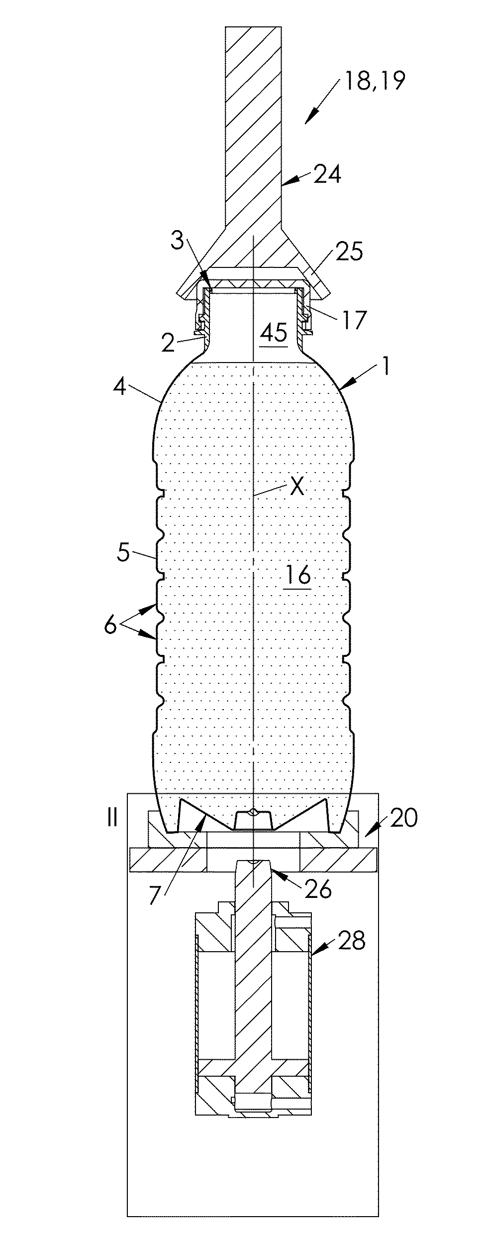 Machine and method for processing filled containers having an invertible diaphragm
