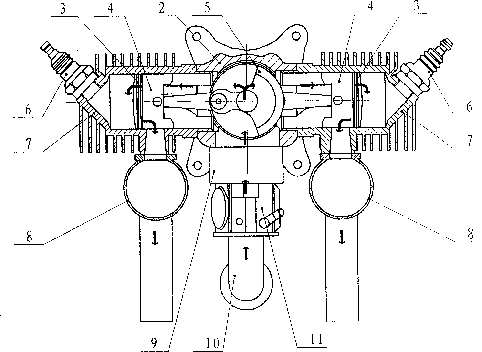 Gasoline engine with two horizontally and oppositely arranged cylinders