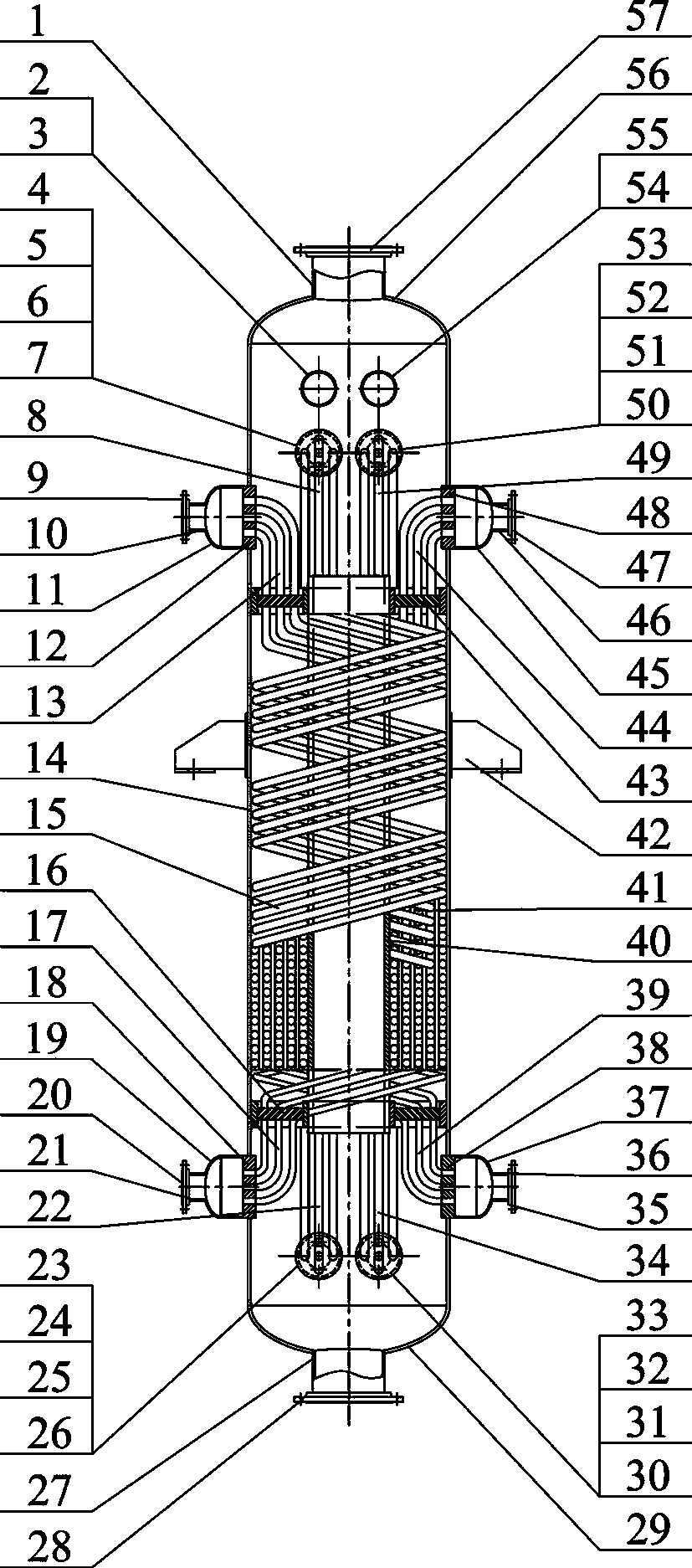 Liquefied natural gas (LNG) low-temperature liquefied primary refrigerating four-stream spiral twined pipe type heat exchange equipment