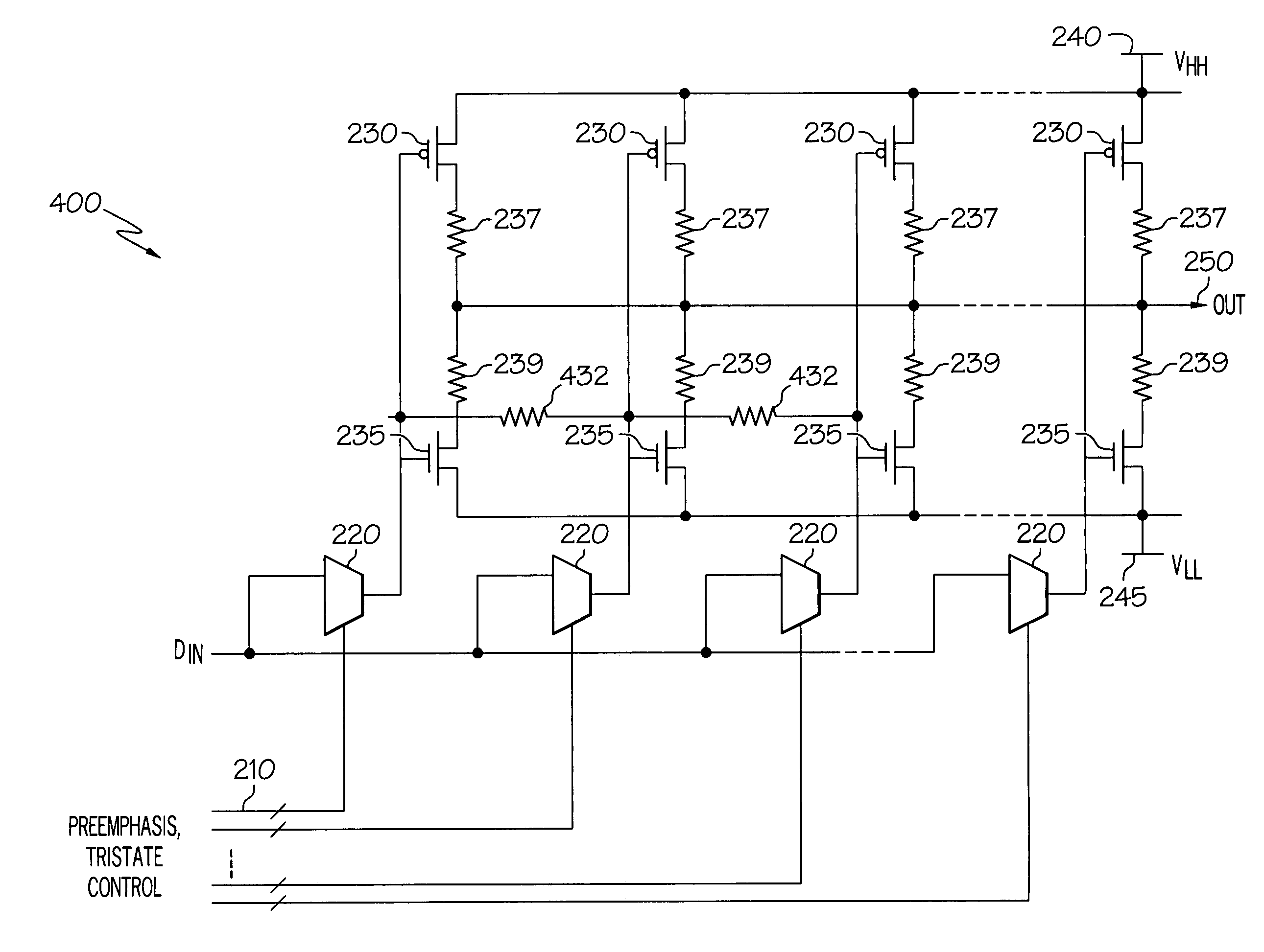 Self series terminated serial link transmitter having segmentation for amplitude, pre-emphasis, and slew rate control and voltage regulation for amplitude accuracy and high voltage protection