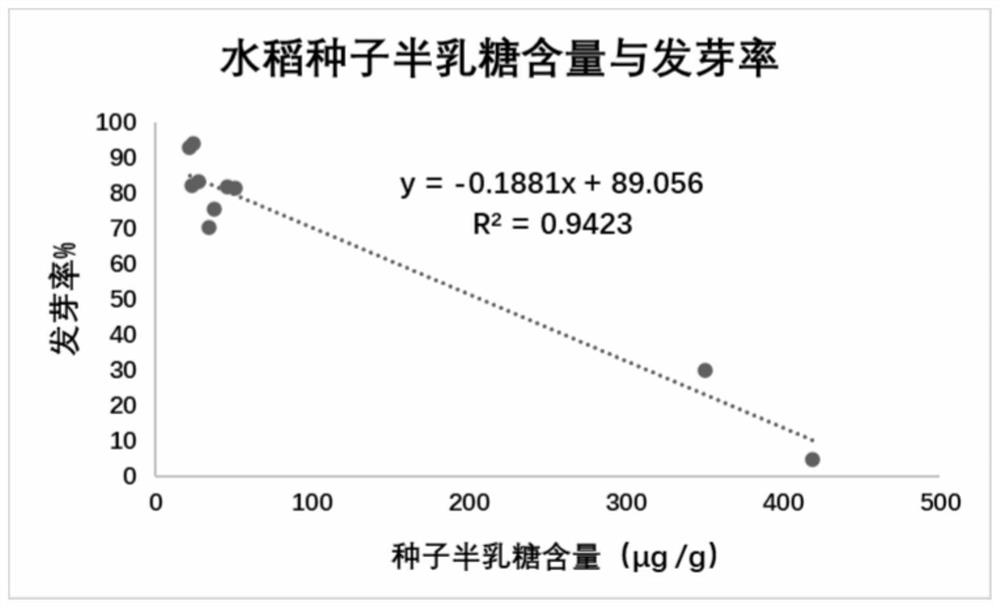 A method for quickly judging whether rice seeds are qualified by using the regression equation of galactose content and germination rate