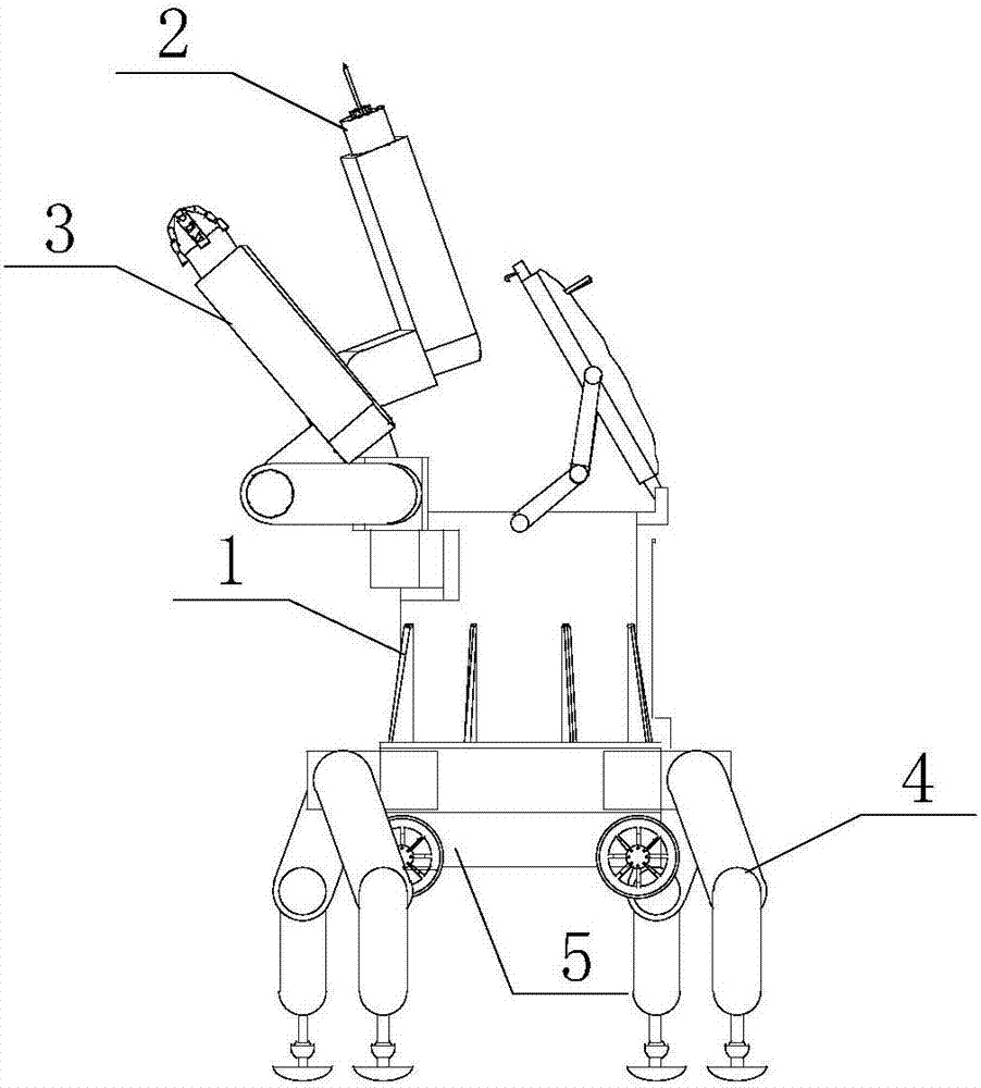 An explosive-removal robot combined with wheels, legs, arms and tanks