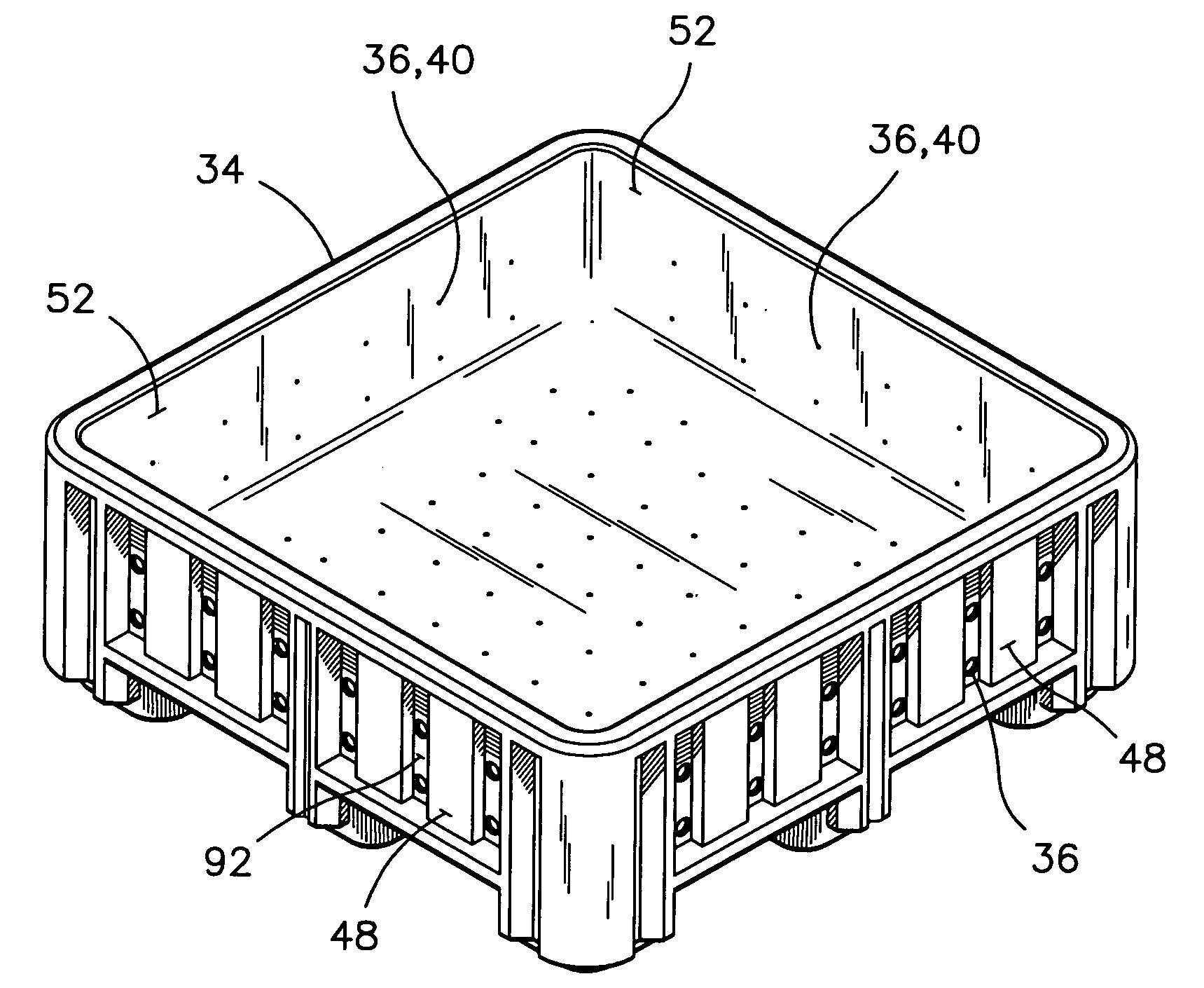 Double-wall plastic produce container having ventilation holes therein, and mold for the manufacture thereof