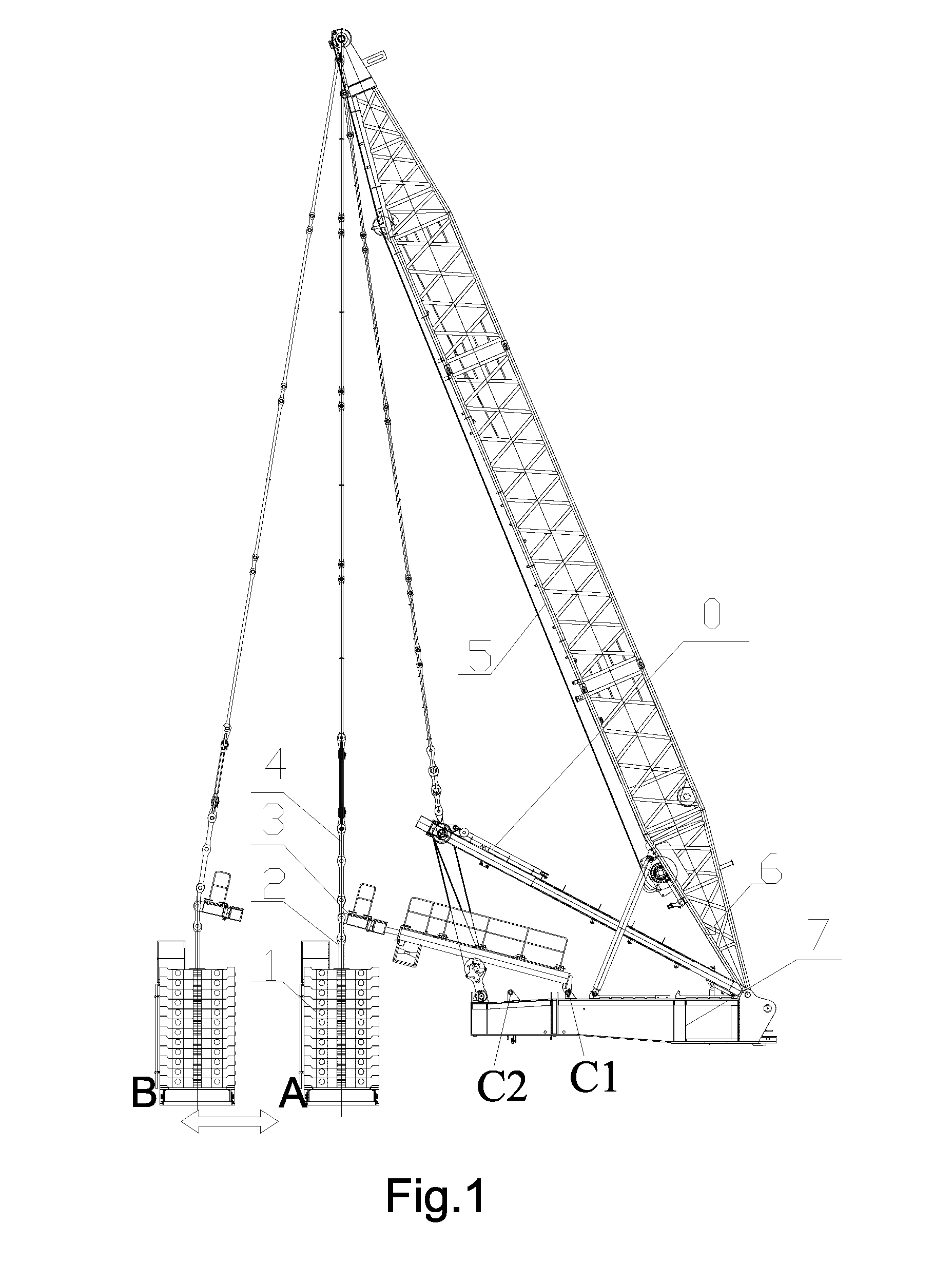 Stepless luffing mechanism for super-lifting counterweight of crawler crane and operating method thereof