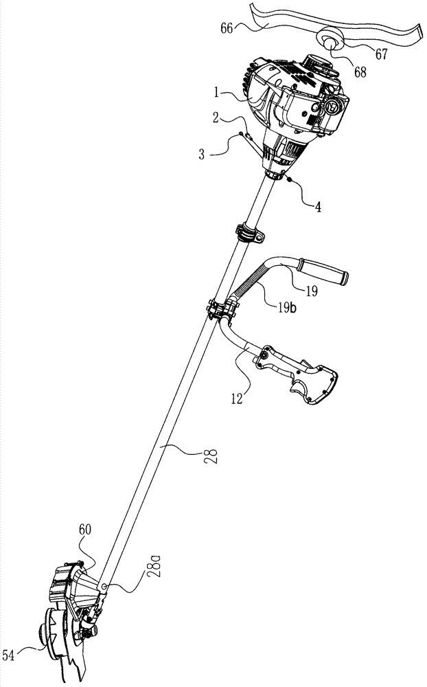 Low-emission gasoline grass mower with collar cutter and long grass pressing wheel