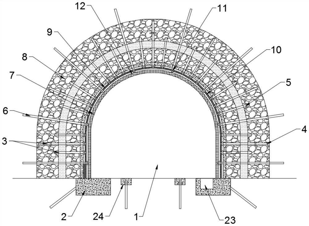A high-stress roadway composite ring body beam support structure and its construction method