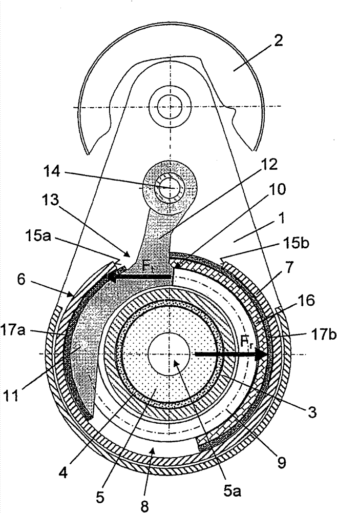 Clamping device having mechanical damping for a traction engine drive