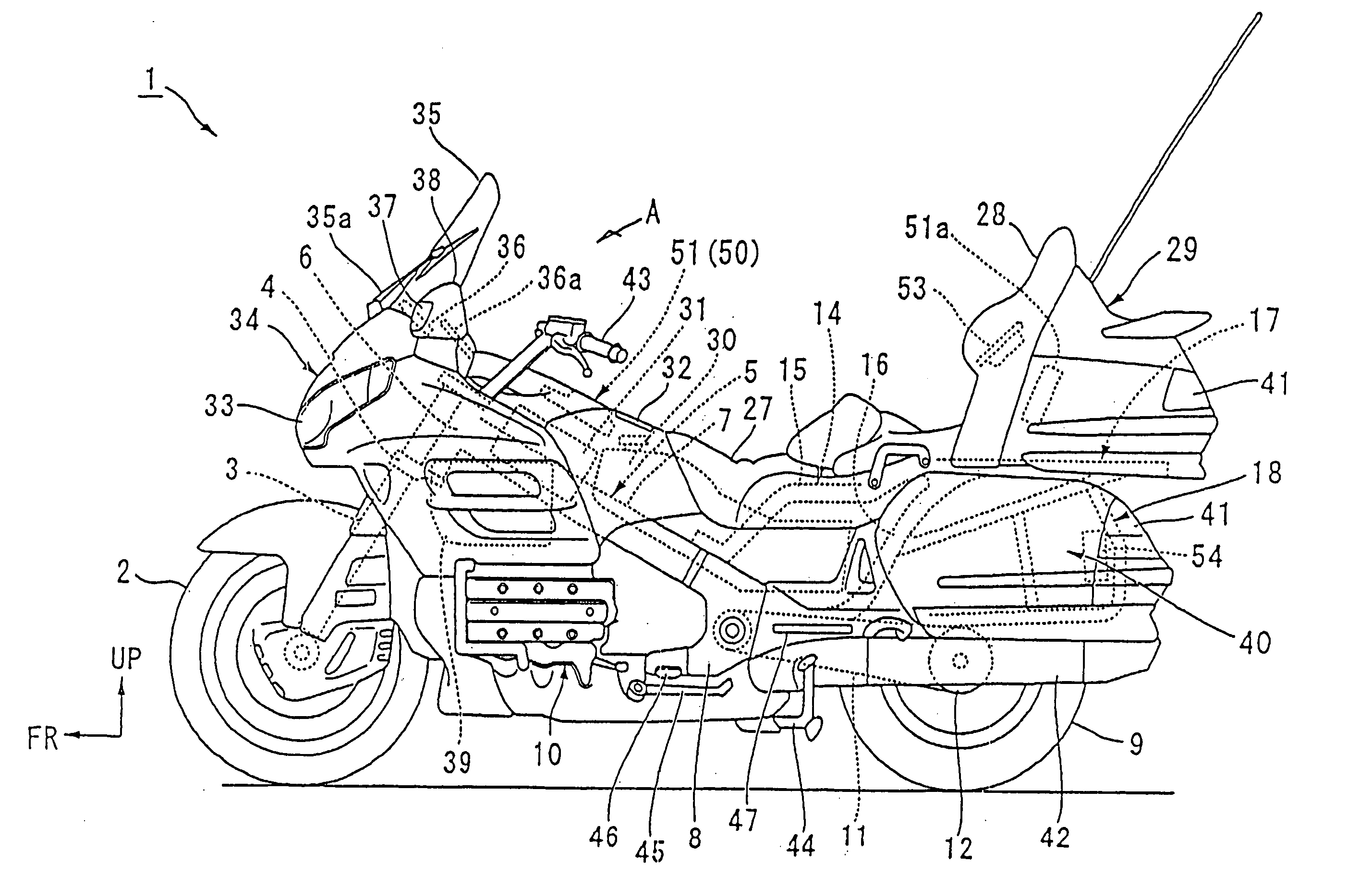 Audio device arrangement structure for a motorcycle, and motorcycle incorporating same