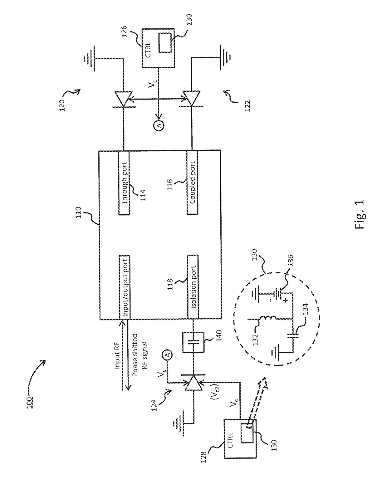 90 degree hybrid with varactor diodes for low loss, simple bias and zero power consumption phase shifter