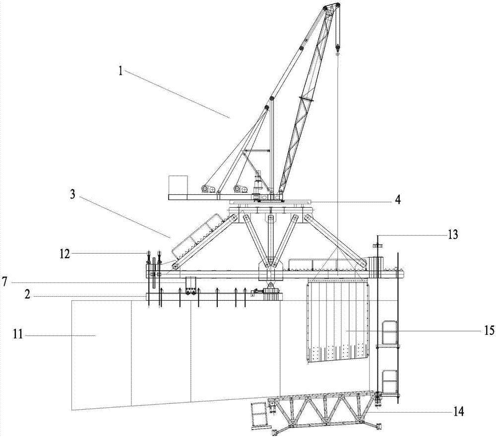 Combined-type hanging basket with full-rotation crane and construction method of combined-type hanging basket