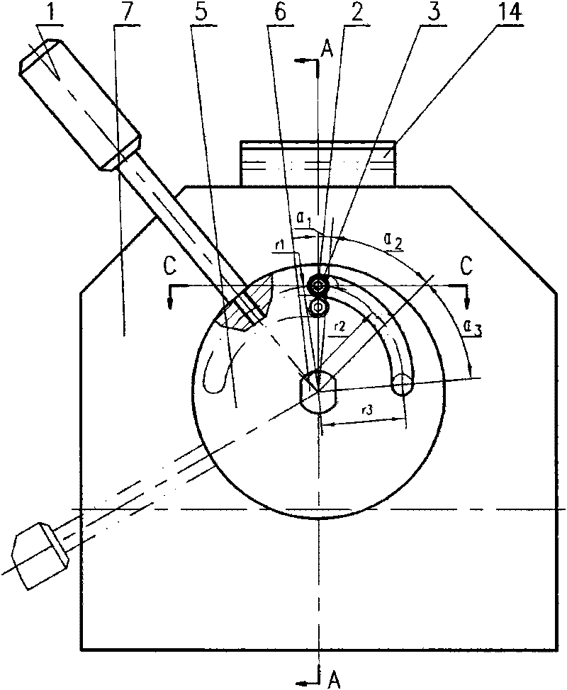 Drill jig used for hole on central excircle of cylindrical part and provided with disks at two ends