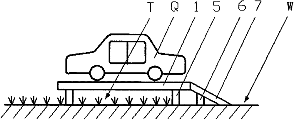 Parking space arranged below single-side wall of community building and above lawn