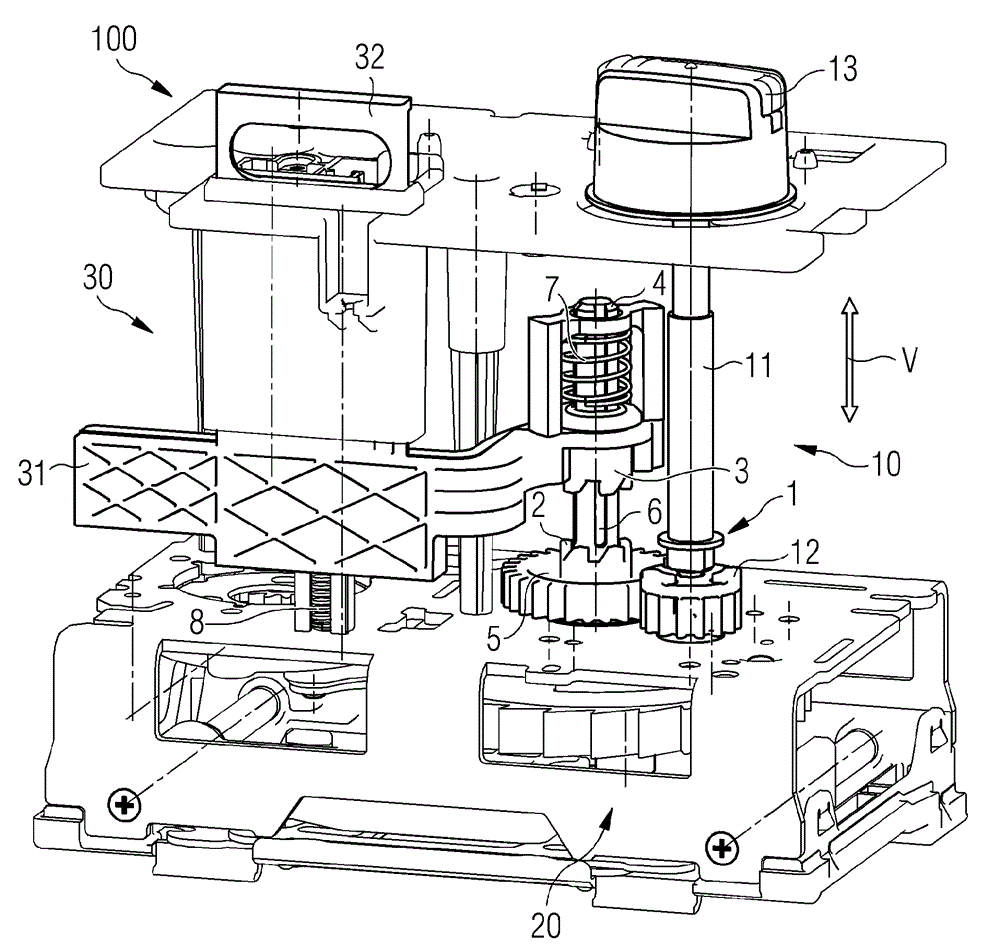 Transmission device for a compact circuit breaker for the transfer of torque and actuating means of a compact circuit breaker