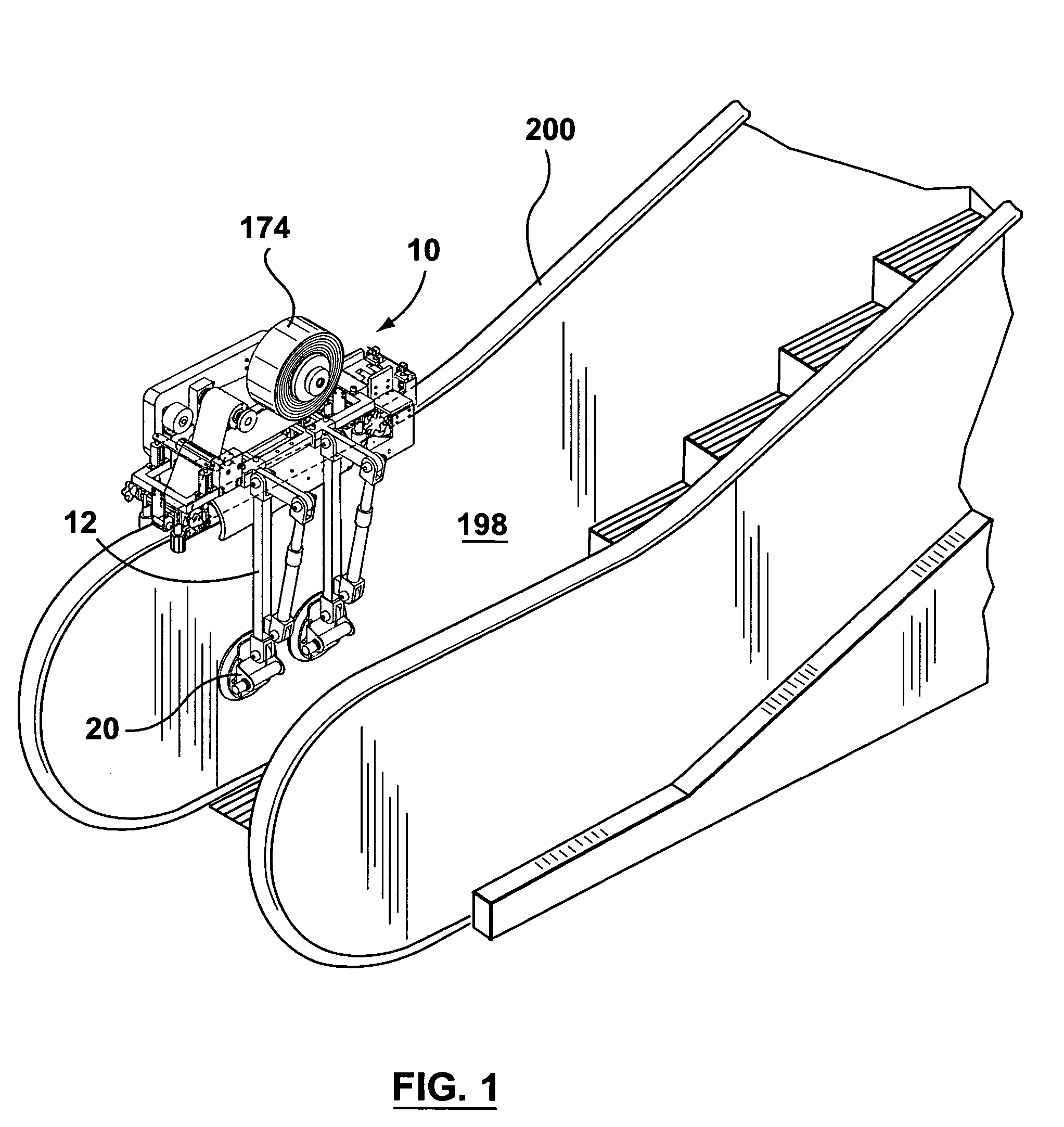 Method of and apparatus for applying a film optionally including advertising or other visible material, to the surface of a handrail for an escalator or moving walkway