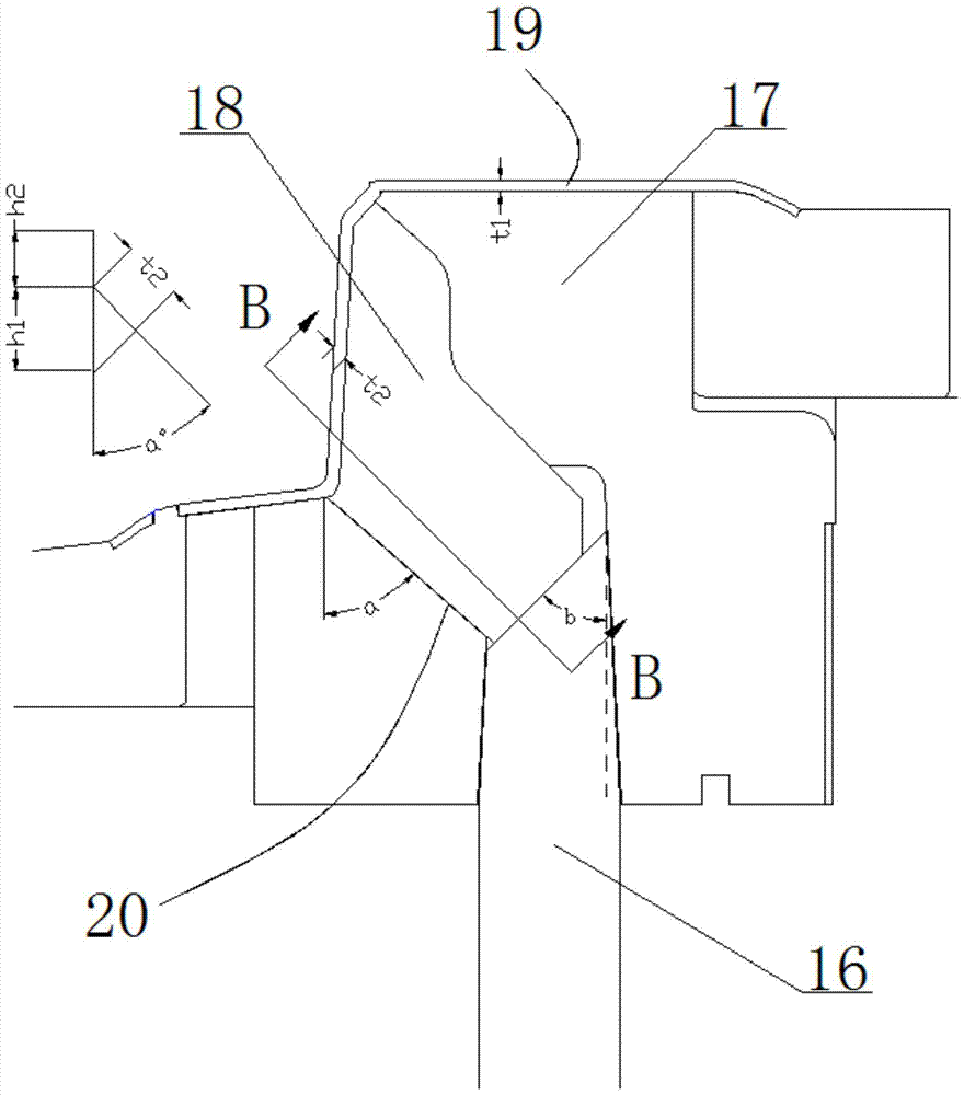 A gate-type secondary injection mold for large-angle double-material products