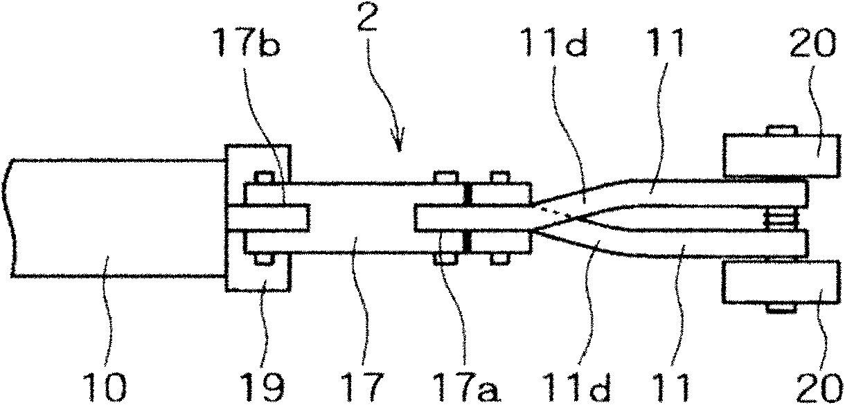 Openable and closable two-pronged body holding device