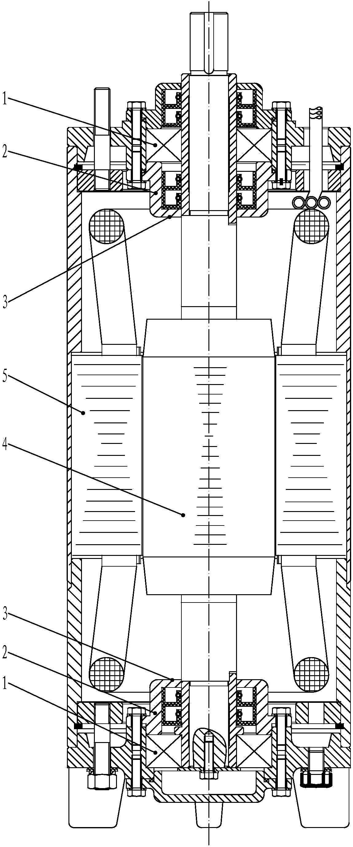 Bearing gland at end of submersible pump rotor shaft