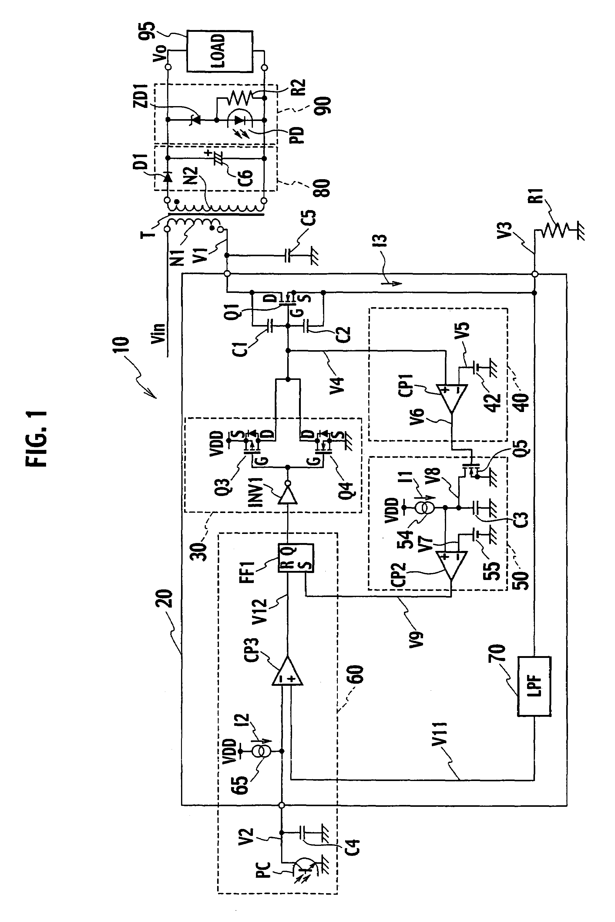 Switching power source apparatus with voltage gate detector for the switch