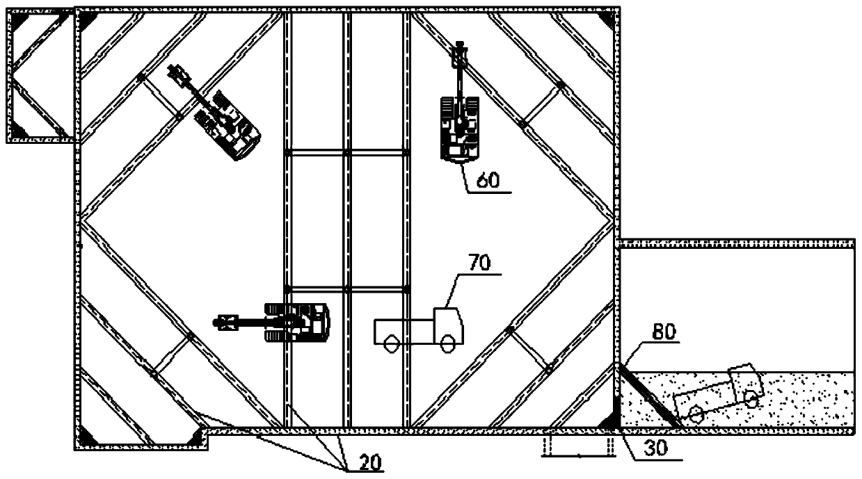 Construction method of rapid excavation of earthworks of subway station row pile and super large and super deep foundation pit with internal stay