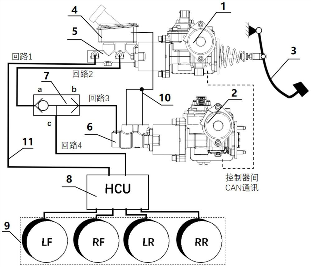 Multifunctional shuttle valve type dual-motor redundancy braking system and control method thereof
