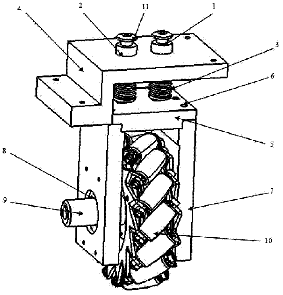 Dual-sliding shaft floatation supporting mechanism of omnibearing movable AGV (Automatic Guided Vehicle)