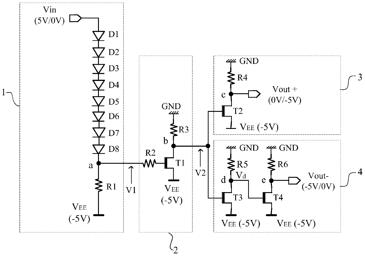 GaAs HEMT (high electron mobility transistor) process-based positive-voltage-to-negative-voltage logic circuit