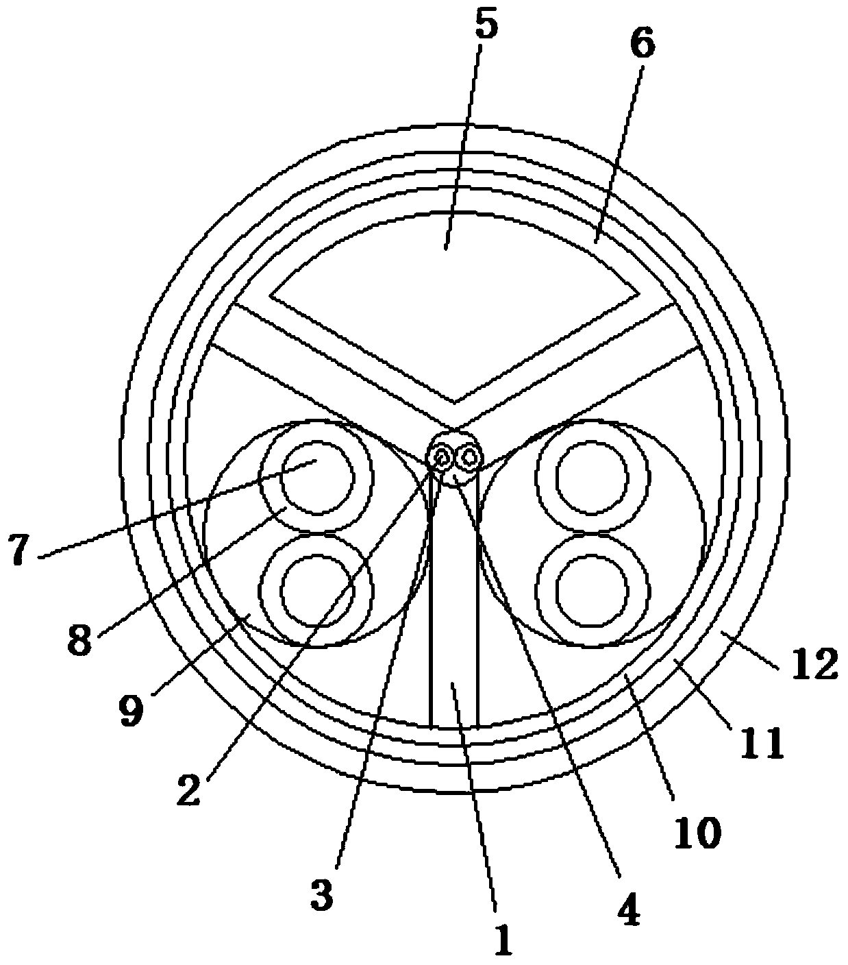 Fan-shaped and round fire-resisting cable provided with Y-shaped nylon framework