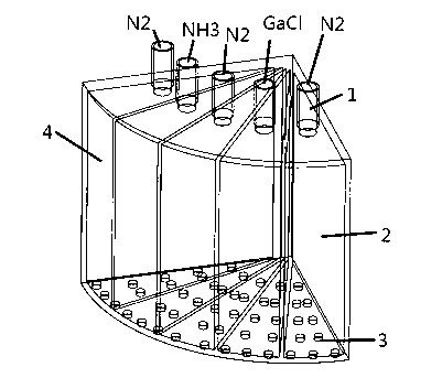 Fan-shaped spray head structure for vapor phase epitaxy of material