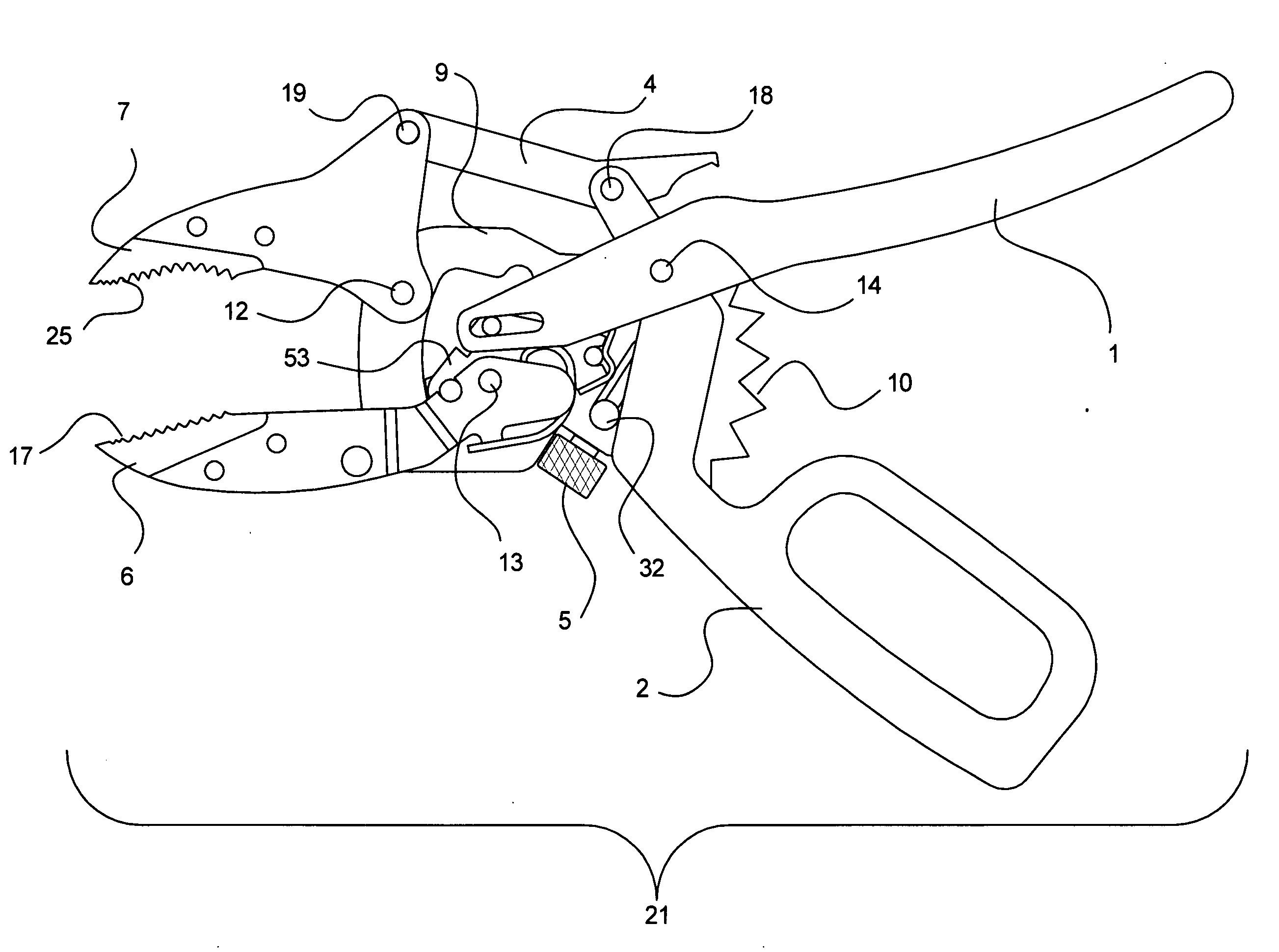 Locking pliers tool with automatic jaw gap adjustment and user-controlled clamping force magnitude