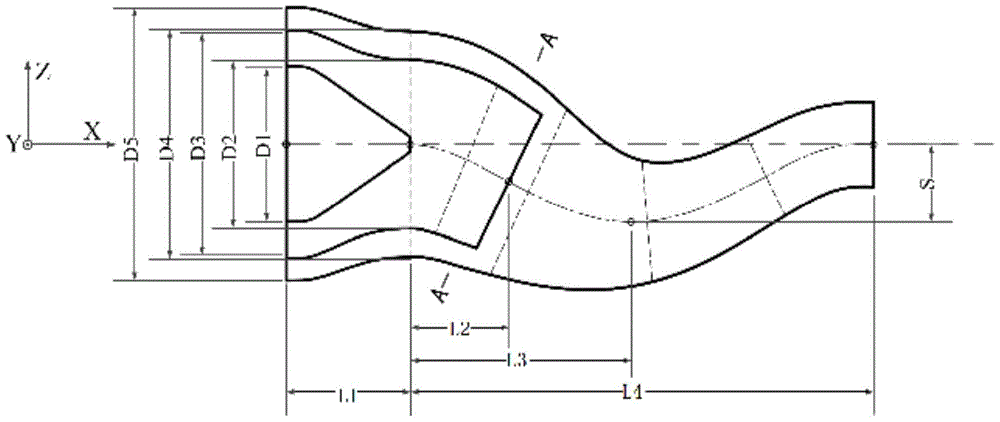 Segmented convergence type double-S-curve binary mixed exhaust system