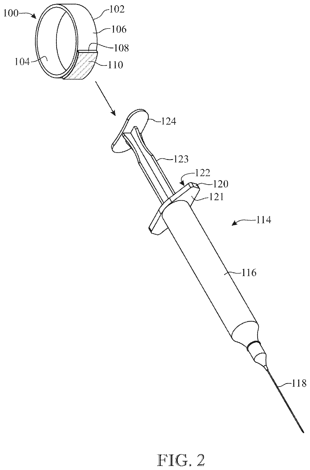 Adhesive thumb ring and syringe assembly, and an adhesive thumb ring for a syringe