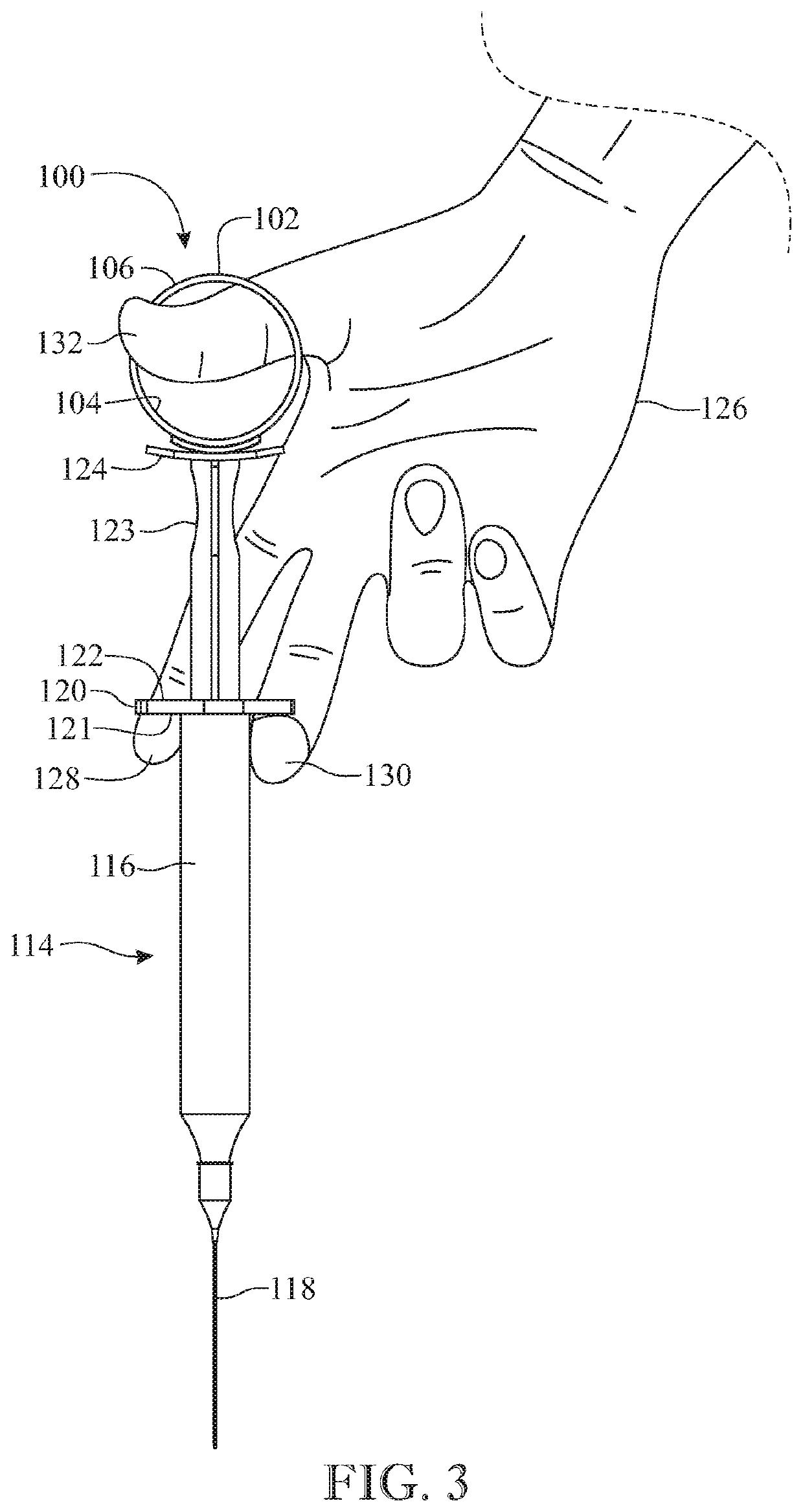 Adhesive thumb ring and syringe assembly, and an adhesive thumb ring for a syringe