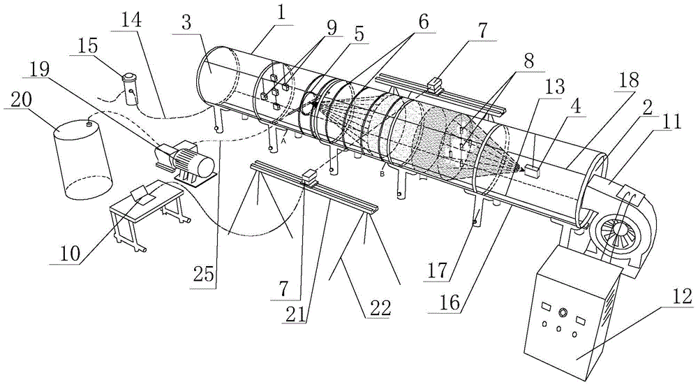 Experimental device and method for wind flow-fog droplet-dust three-phase media coupled sedimentation