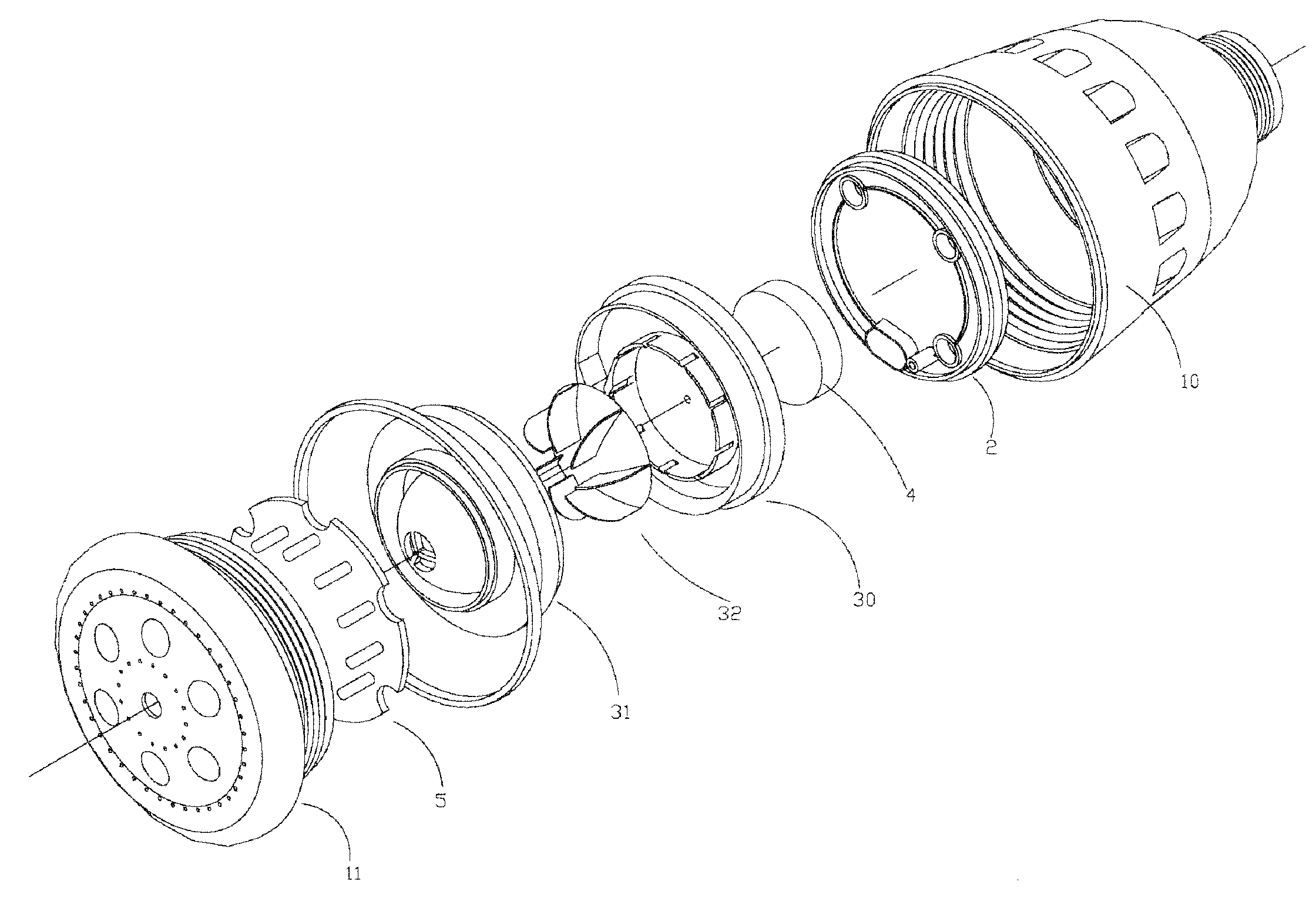 Showerhead with turbocharger mechanism