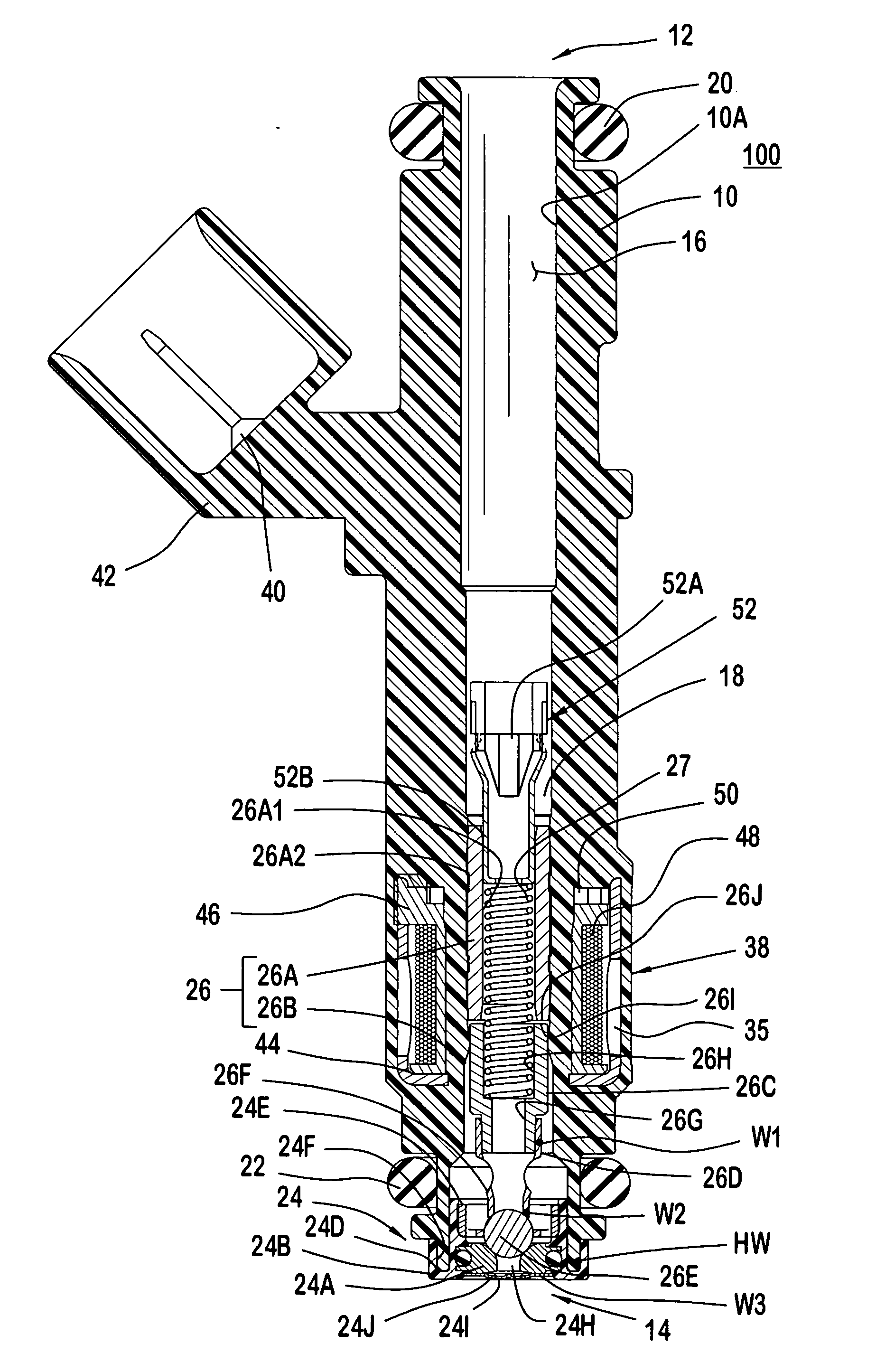 Fuel injector with a metering assembly having a seat molded to a polymeric support member