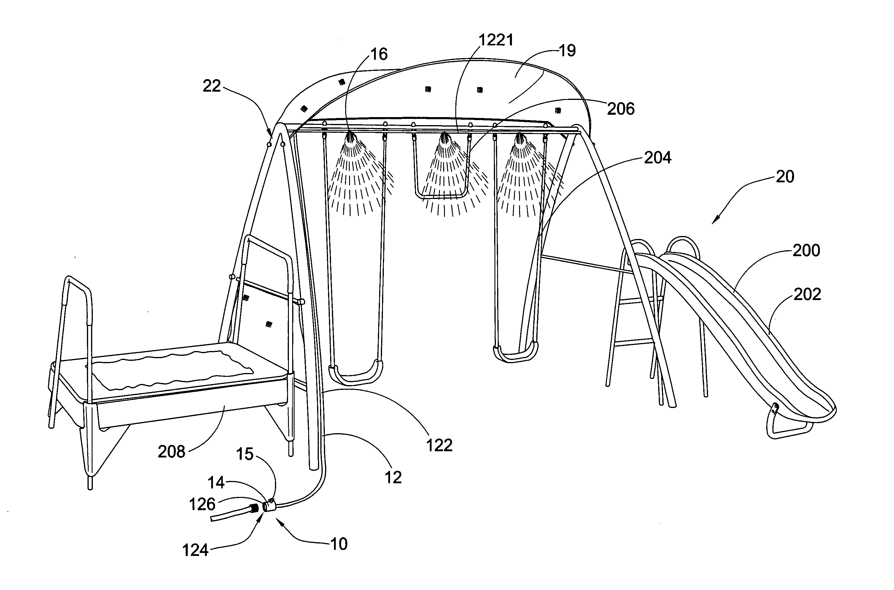 Mist producing device for playground with sun shade apparatus